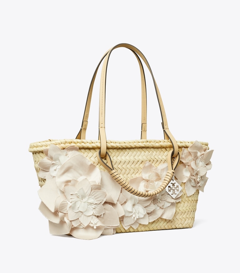 Tory Burch designer tote bags Small Straw Embellished Tote in Natural angle