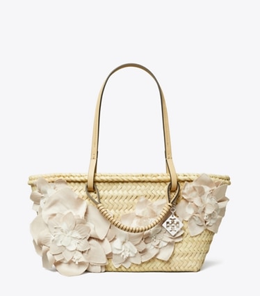 Tory Burch designer tote bags Small Straw Embellished Tote in Natural front