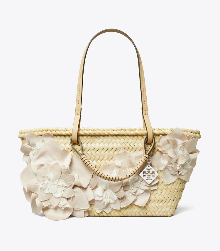Tory Burch designer tote bags Small Straw Embellished Tote in Natural front