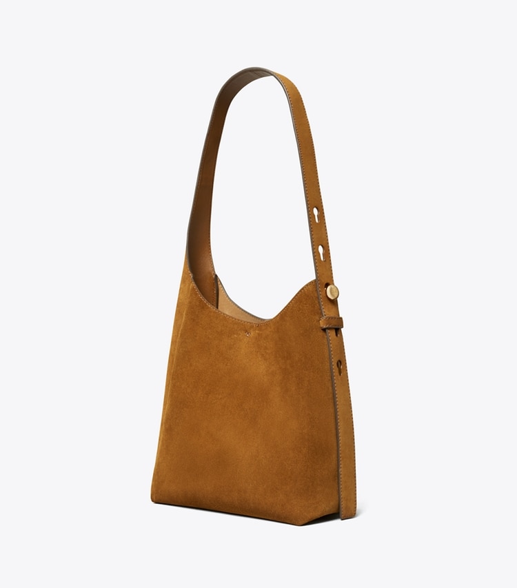 Tory Burch designer hobo bags Small Suede Hobo Bag in Cognac angle