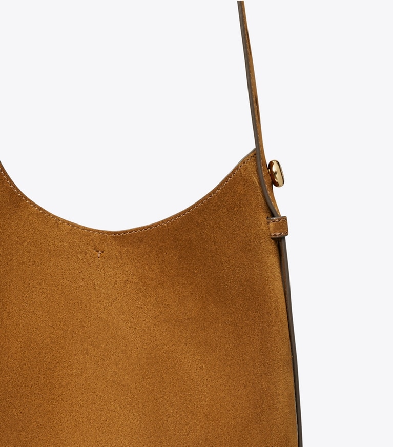 Tory Burch designer hobo bags Small Suede Hobo Bag in Cognac detail