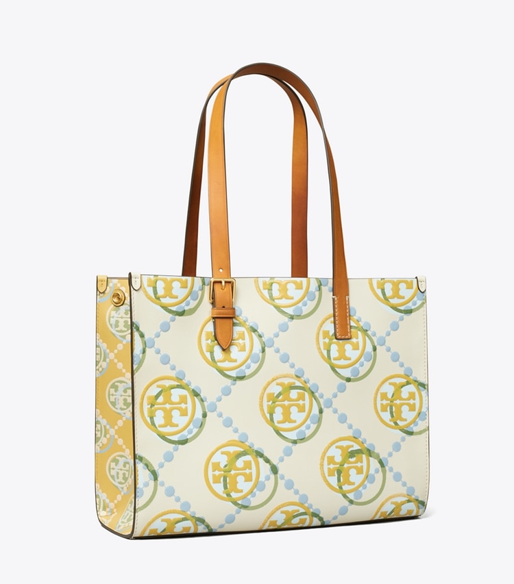 Tory Burch designer tote bags Small T Monogram Contrast Embossed Tote in BEESWAX MULTI angle