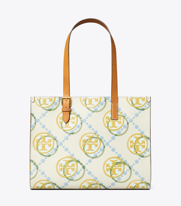 Tory Burch designer tote bags Small T Monogram Contrast Embossed Tote in BEESWAX MULTI front