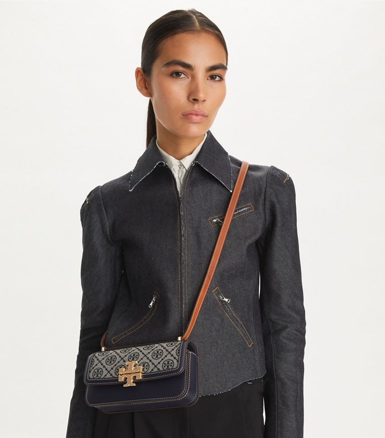 Tory Burch designer ショルダーバッグ Tモノグラム エレノア レクタンギュラー スモールバッグ in Tory Navy angle