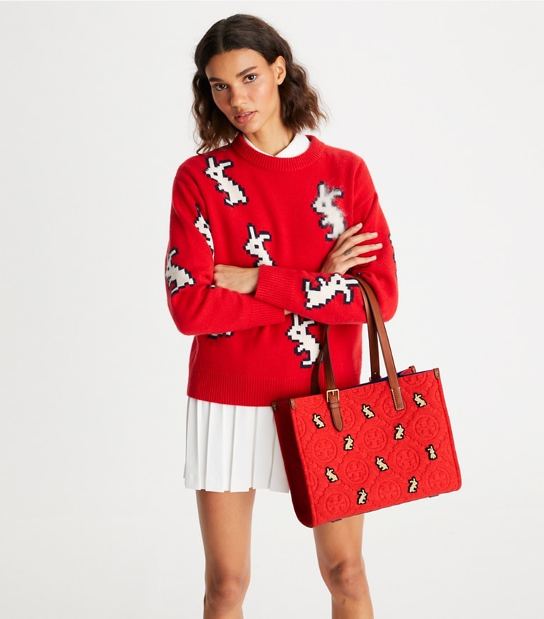 Tory Burch designer tote bags Small T Monogram Embroidered Rabbit Tote in Red angle