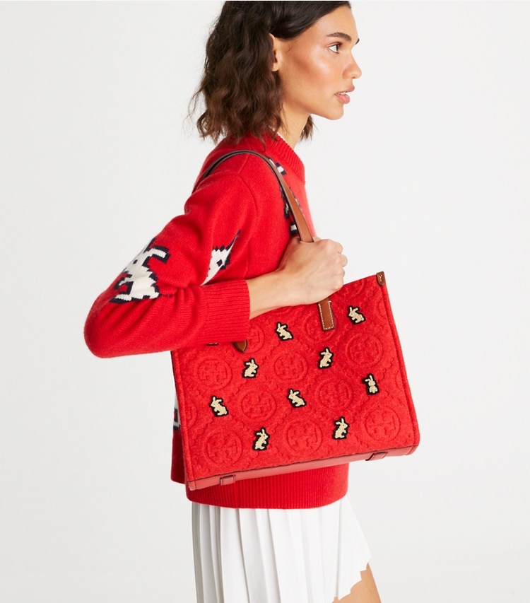 Tory Burch designer tote bags Small T Monogram Embroidered Rabbit Tote in Red additional on model