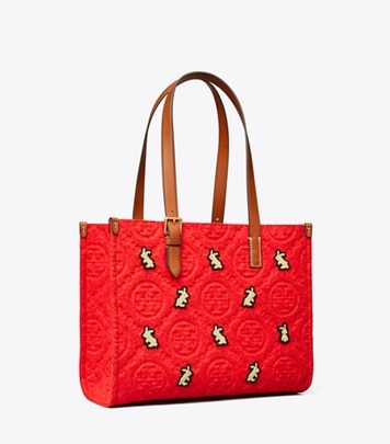 Tory Burch designer tote bags Small T Monogram Embroidered Rabbit Tote in Red angle
