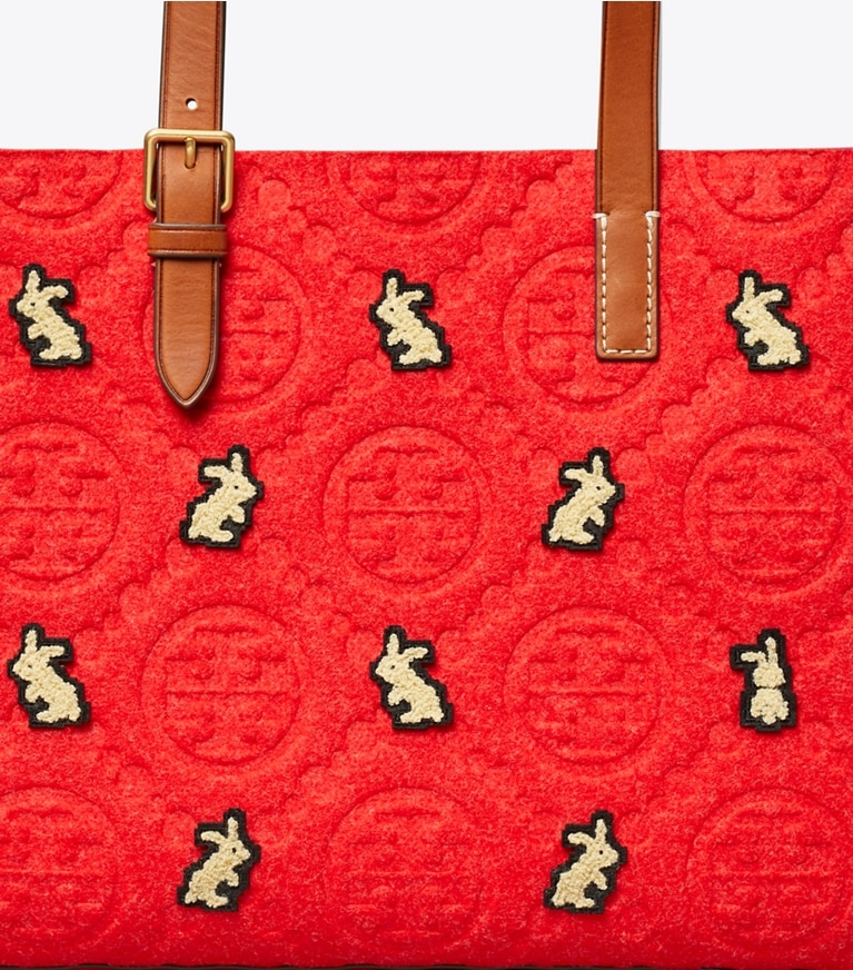Tory Burch designer tote bags Small T Monogram Embroidered Rabbit Tote in Red angle