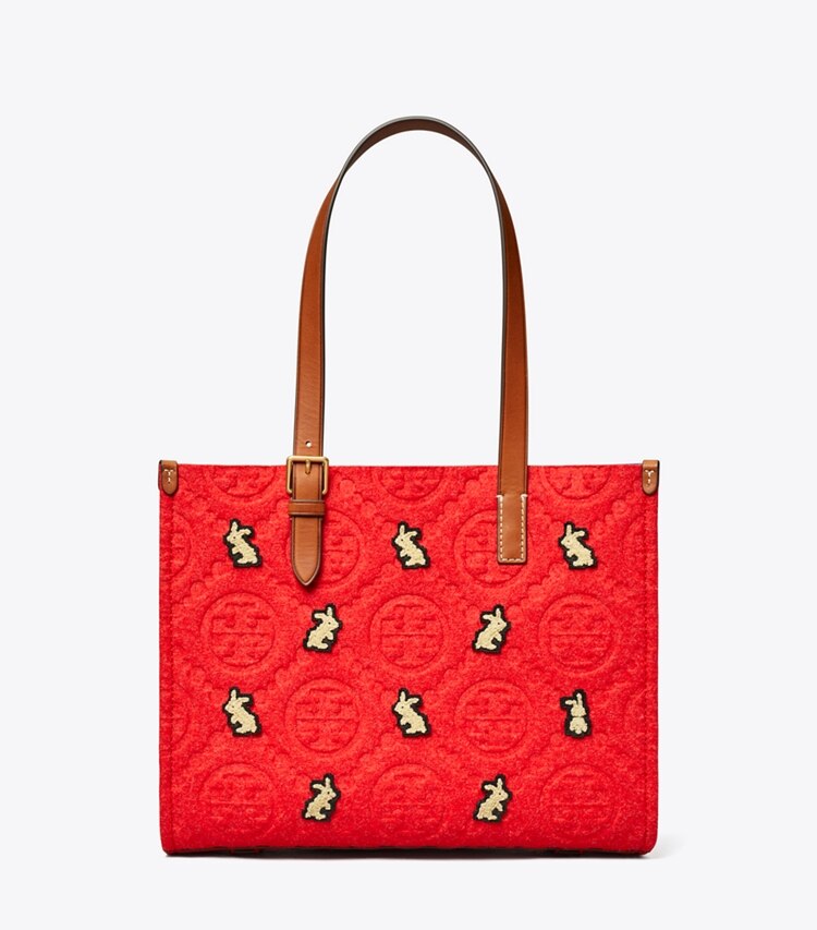 Tory Burch designer tote bags Small T Monogram Embroidered Rabbit Tote in Red front