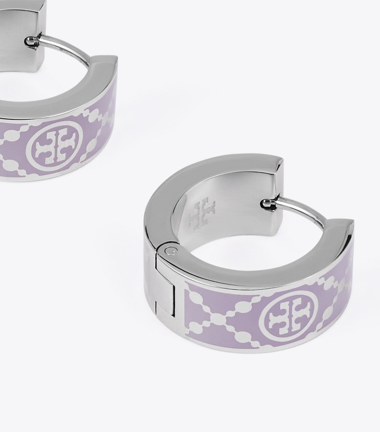 Tory Burch designer earrings Small T Monogram Hoop Earring in Platinum / Lilac front