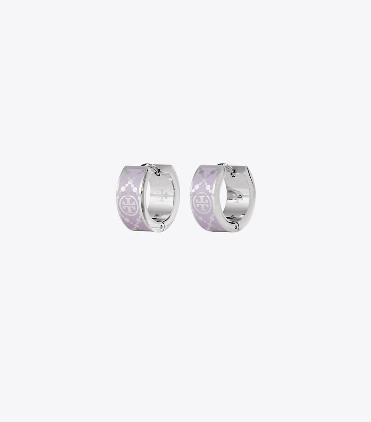 Tory Burch designer earrings Small T Monogram Hoop Earring in Platinum / Lilac front