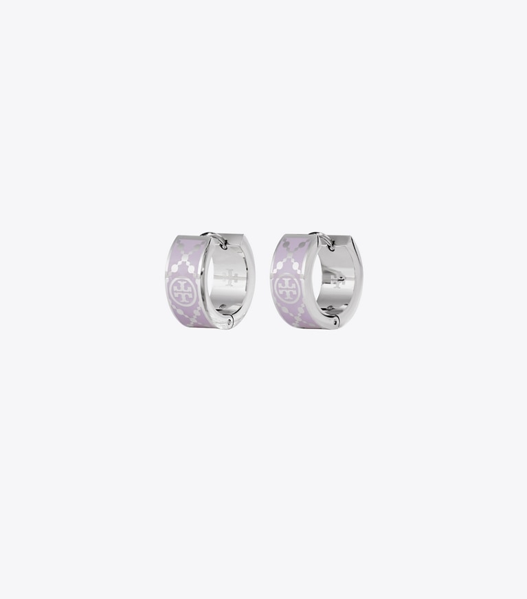Tory Burch designer earrings Small T Monogram Hoop Earring in Platinum / Lilac front