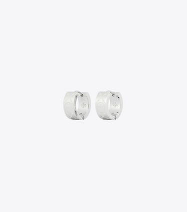 Tory Burch designer イヤリング＆ピアス Tモノグラム スモール フープピアス in Tory Silver / Ivory front