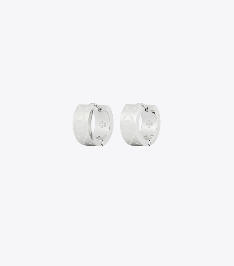Tory Burch designer earrings Small T Monogram Hoop Earring in Tory Silver / Ivory front