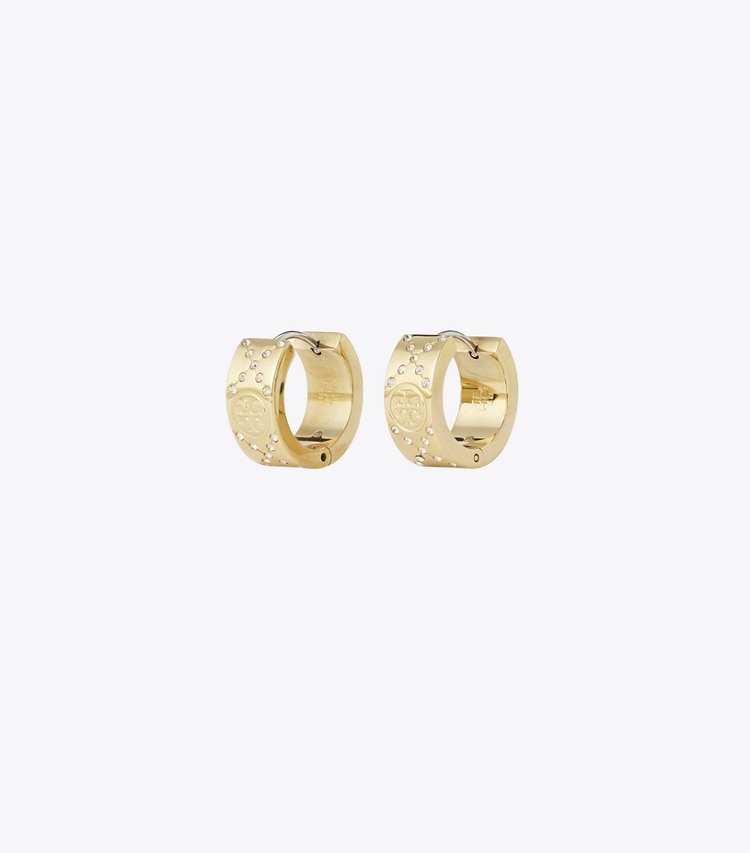 Tory Burch designer boucles d'oreilles Small T Monogram Pavé Hoop Earrings in Tory Gold / Crystal front
