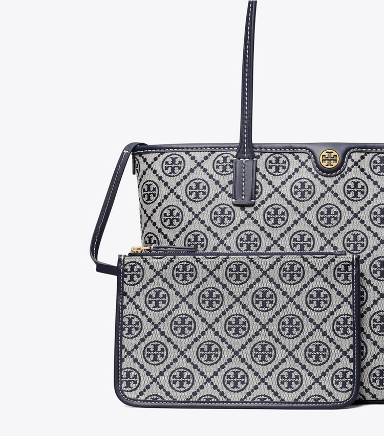 Tory Burch designer tote bags Small T Monogram Zip Tote in Tory Navy detail