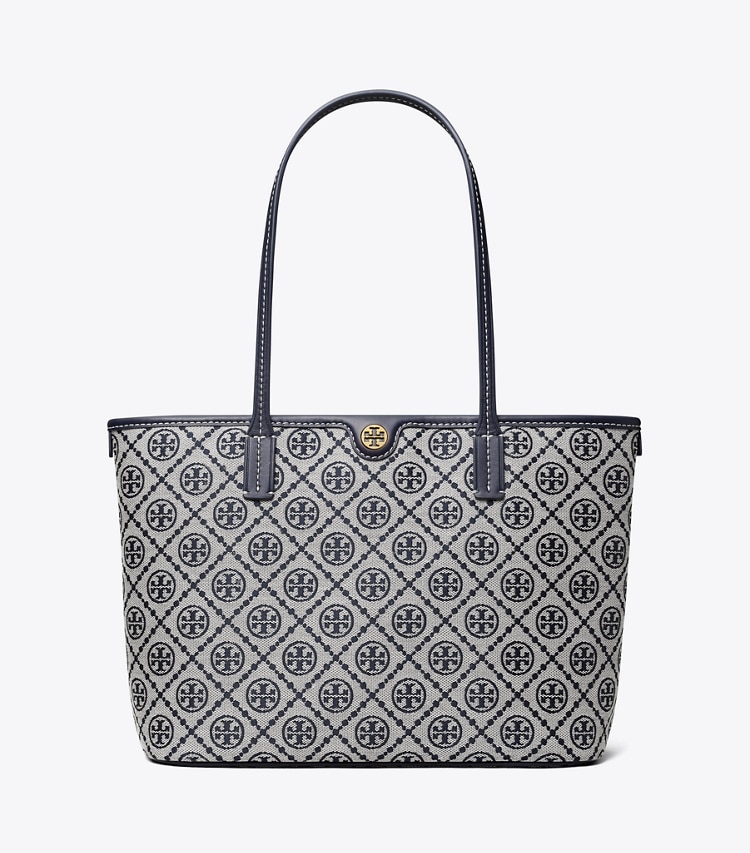 Tory Burch designer tote bags Small T Monogram Zip Tote in Tory Navy front