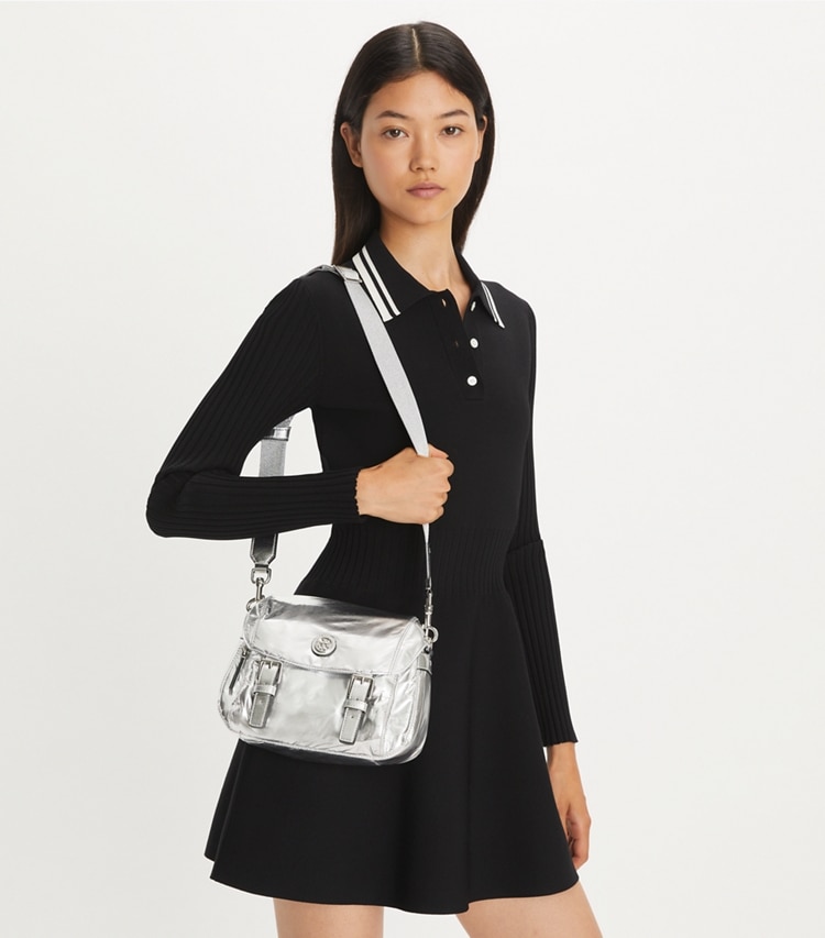 Tory Burch designer crossbody bags Small Virginia Metallic Messenger in Silver accessory on model
