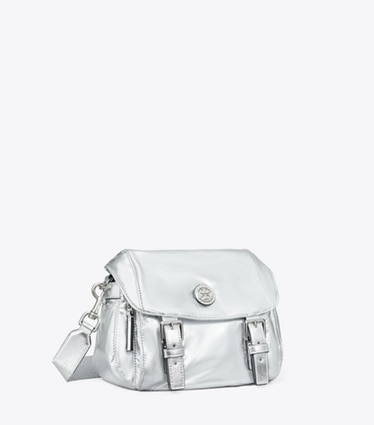 Tory Burch designer crossbody bags Small Virginia Metallic Messenger in Silver angle
