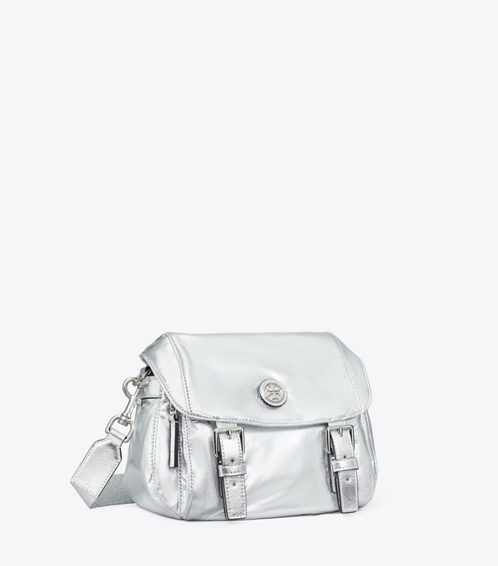 Tory Burch designer crossbody bags Small Virginia Metallic Messenger in Silver angle