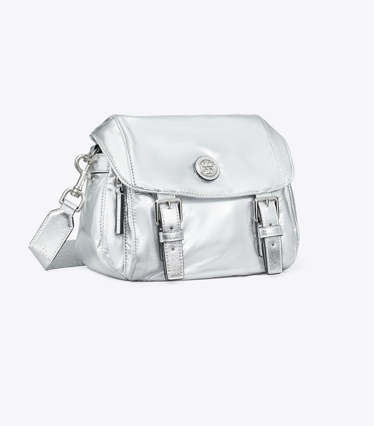 Tory Burch designer crossbody bags Small Virginia Metallic Messenger in Silver angle