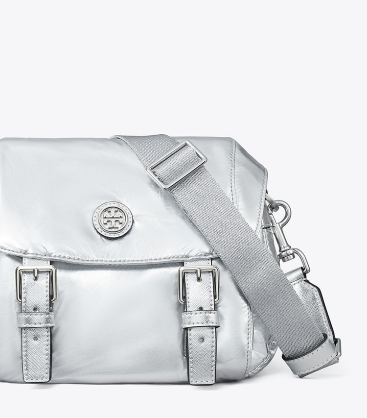 Tory Burch designer crossbody bags Small Virginia Metallic Messenger in Silver detail