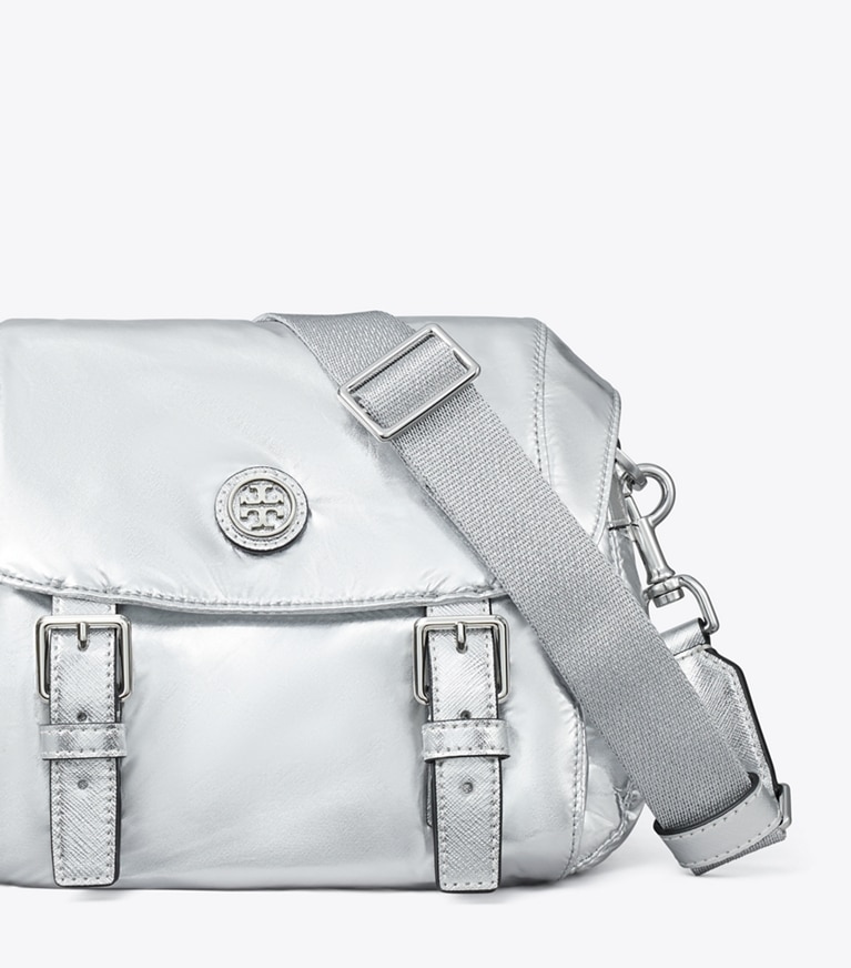 Tory Burch designer crossbody bags Small Virginia Metallic Messenger in Silver angle