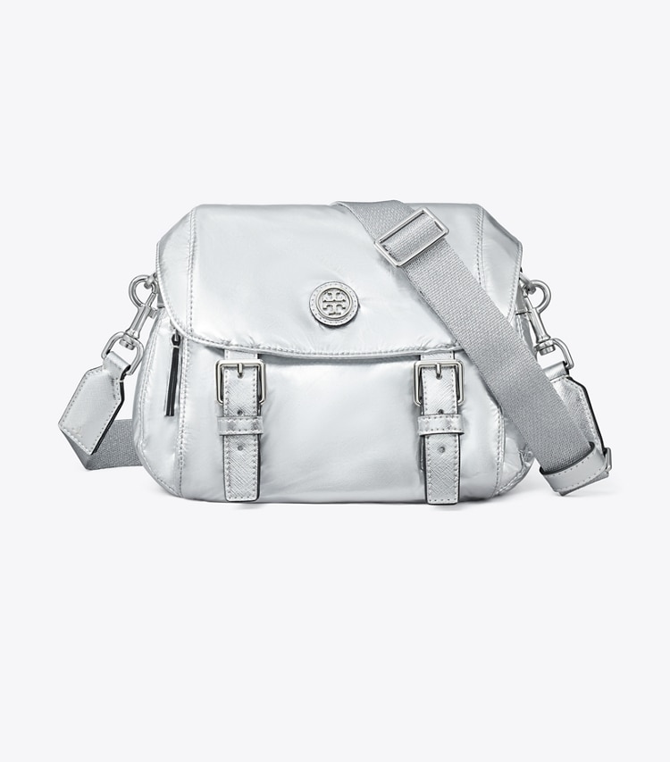 Tory Burch designer crossbody bags Small Virginia Metallic Messenger in Silver front