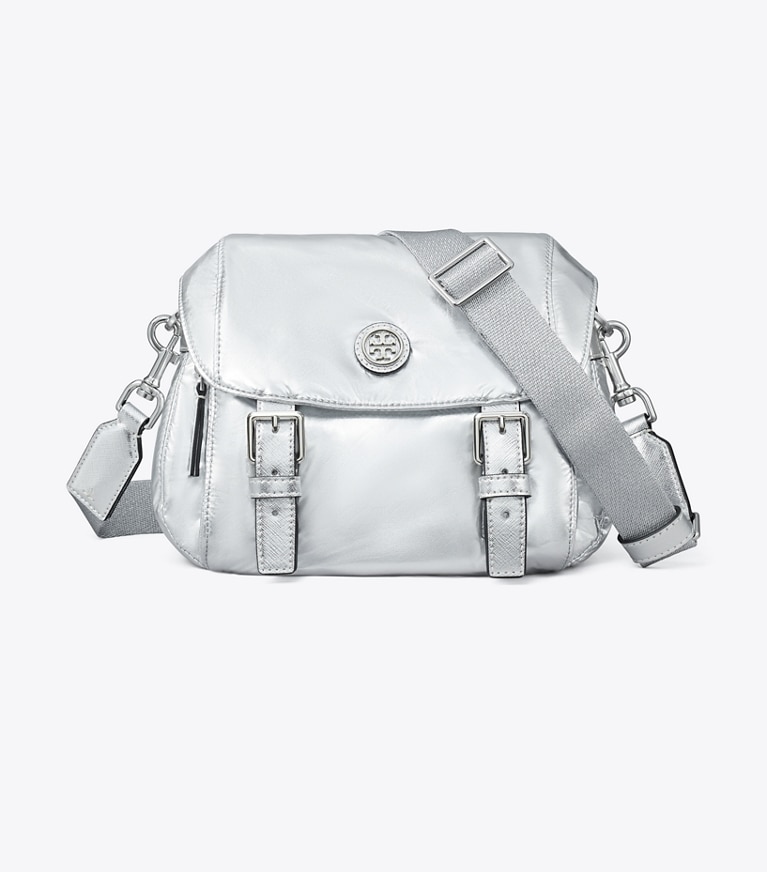 Tory Burch designer crossbody bags Small Virginia Metallic Messenger in Silver angle