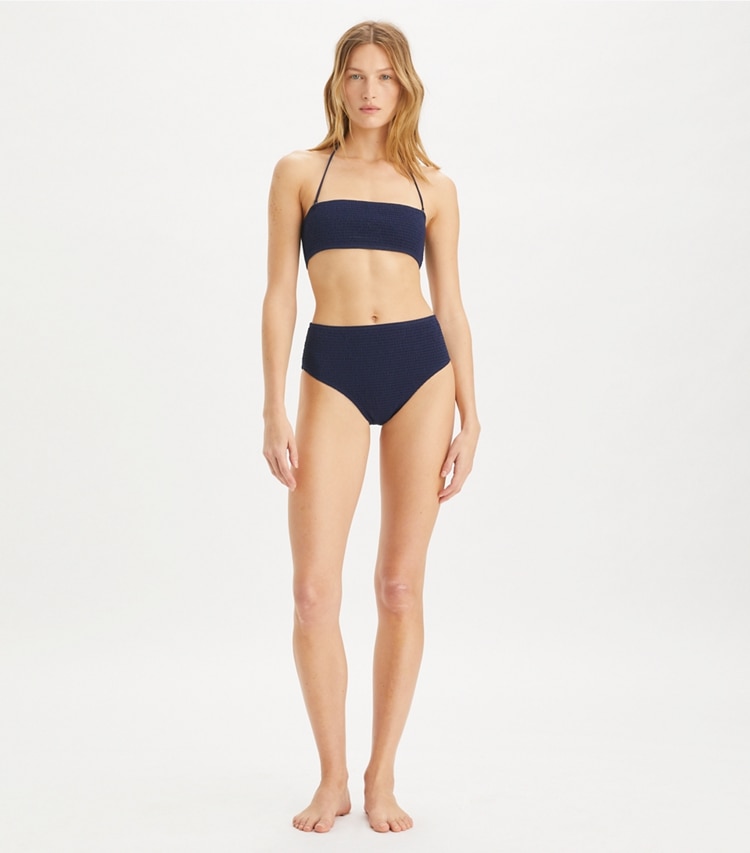 Tory Burch designer two pieces Smocked Bandeau Bikini Top in Medium Navy on model front