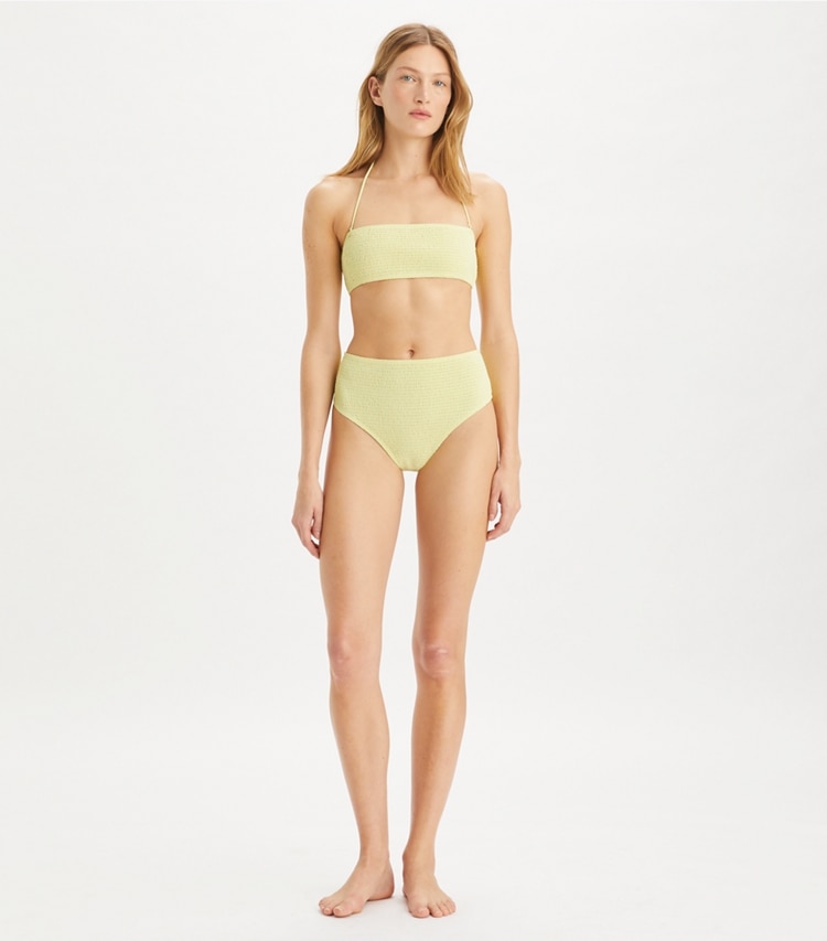Tory Burch designer two pieces Smocked Bandeau Bikini Top in Lumen on model front