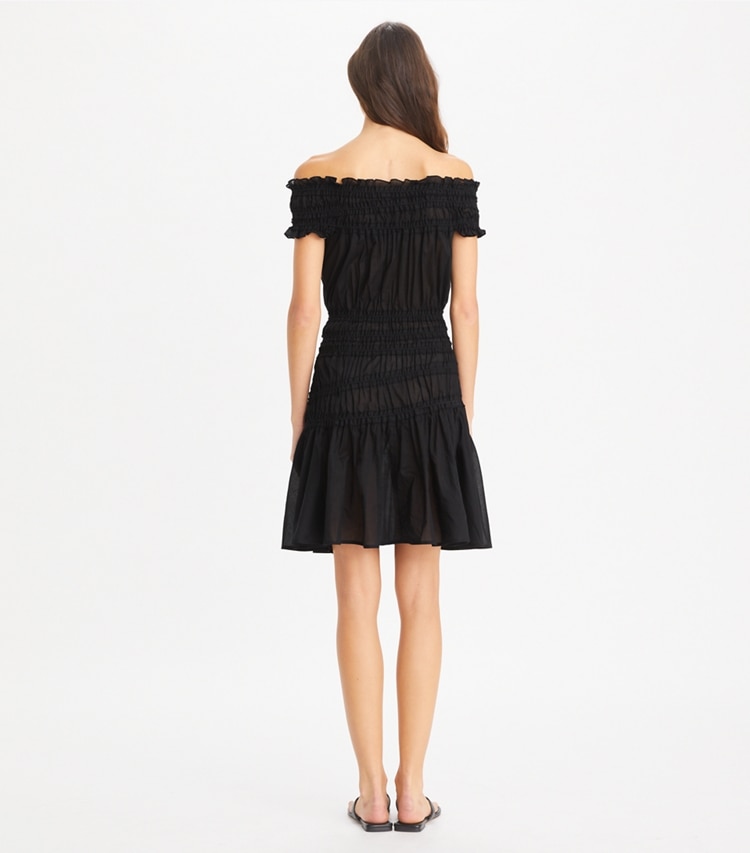 Tory Burch designer coverups Smocked Cotton Dress in Black on model back