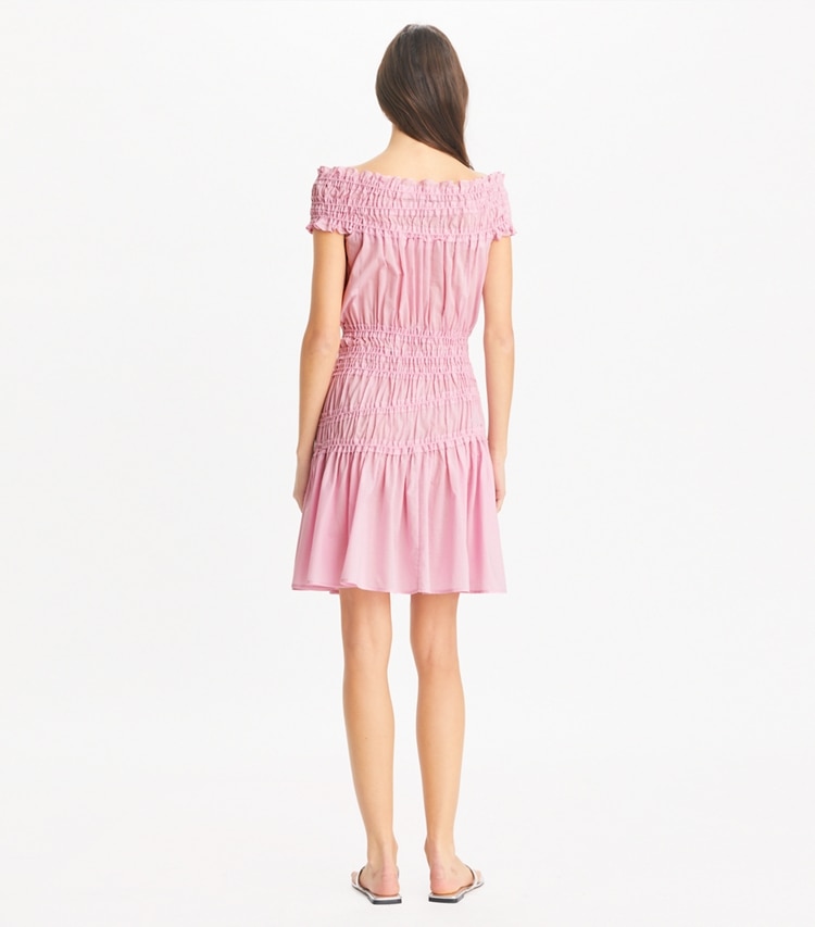 Tory Burch designer coverups Smocked Cotton Dress in Light Pink on model back