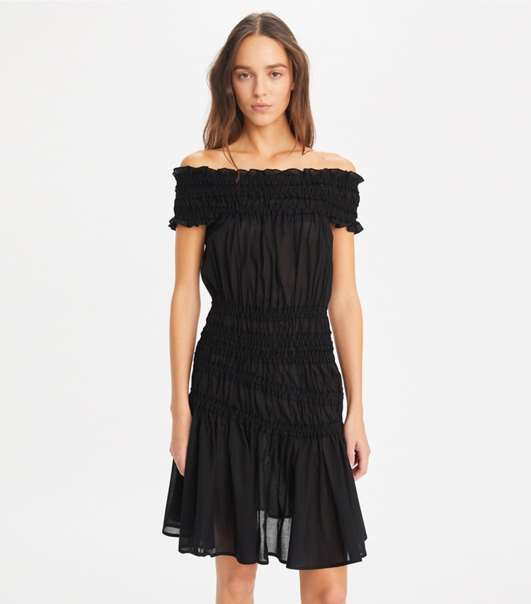 Tory Burch designer coverups Smocked Cotton Dress in Black on model detail