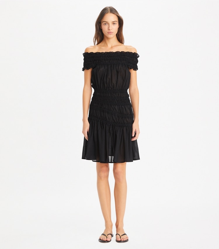 Tory Burch designer coverups Smocked Cotton Dress in Black on model front