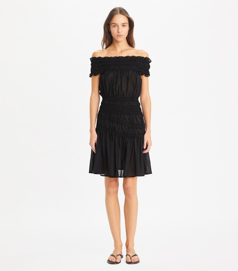 Tory Burch designer coverups Smocked Cotton Dress in Black front