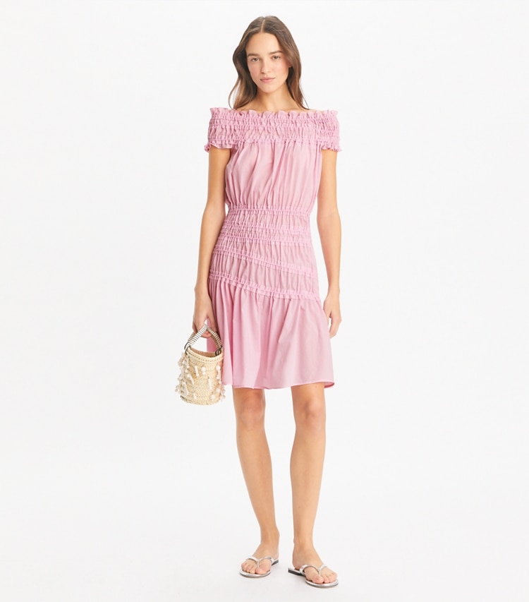 Tory Burch designer coverups Smocked Cotton Dress in Light Pink on model front