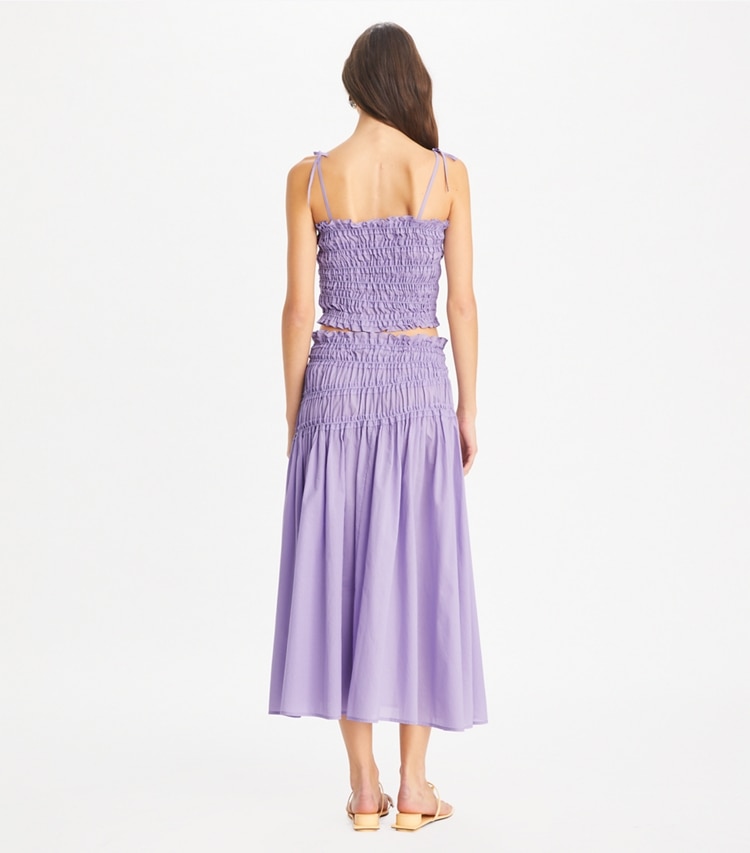 Tory Burch designer coverups Smocked Cotton Skirt in Lilac Frost on model back