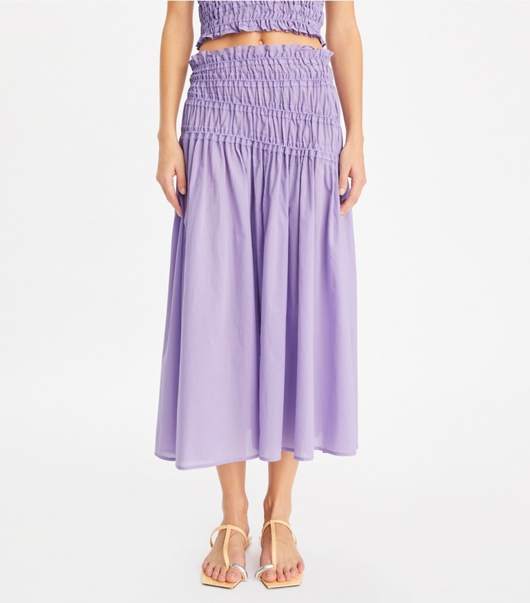 Tory Burch designer coverups Smocked Cotton Skirt in Lilac Frost front