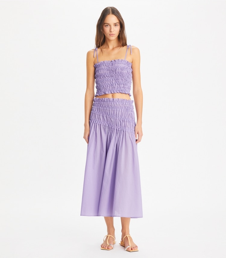 Tory Burch designer coverups Smocked Cotton Skirt in Lilac Frost on model front