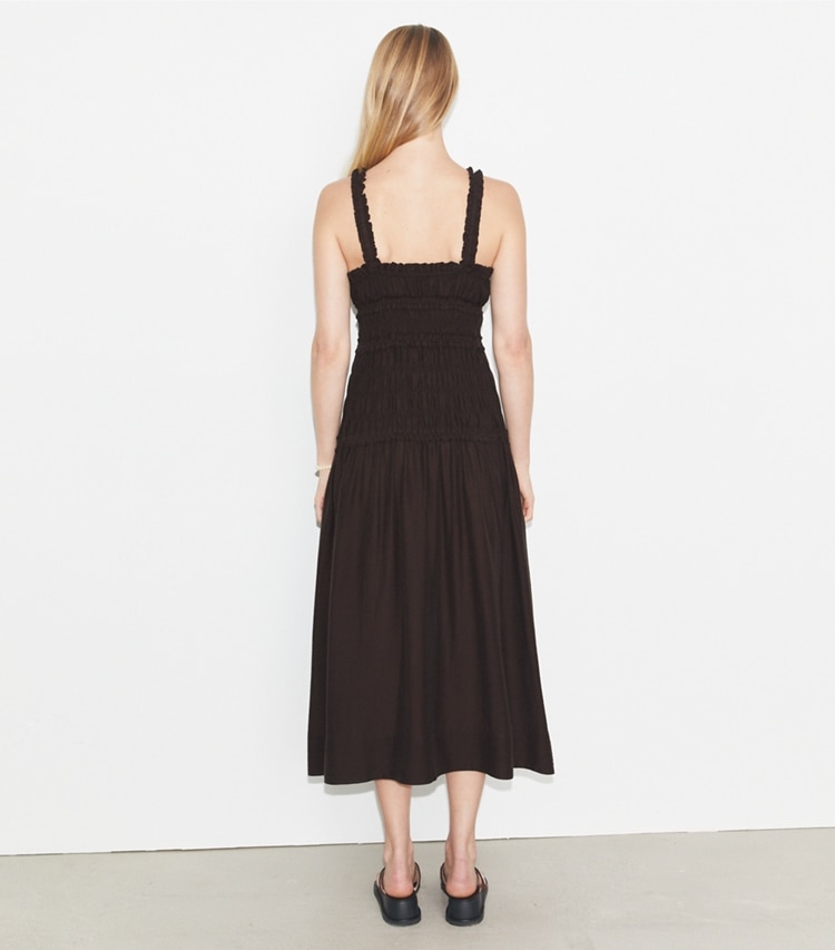 Tory Burch designer coverups Smocked Dress in Deep Chocolate on model back