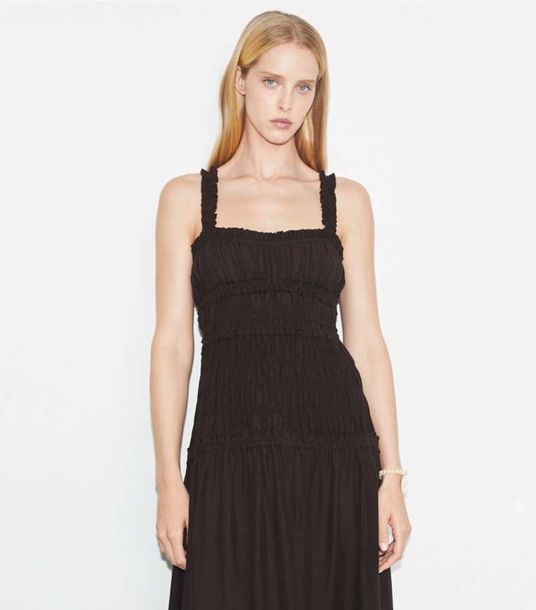 Tory Burch designer coverups Smocked Dress in Deep Chocolate front
