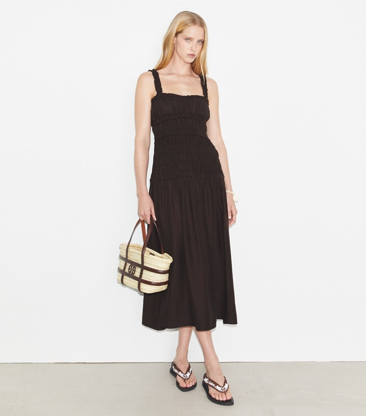Tory Burch designer coverups Smocked Dress in Deep Chocolate on model front