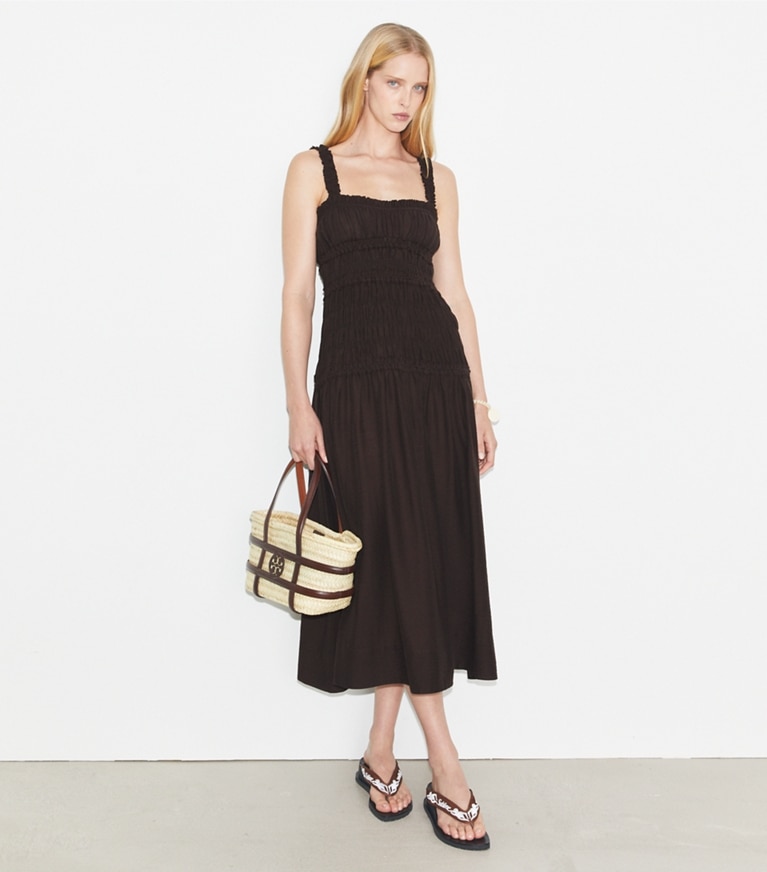 Tory Burch designer coverups Smocked Dress in Deep Chocolate front