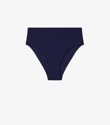 Tory Burch designer two pieces Smocked High-Leg High-Waisted Bikini Bottom in Medium Navy front