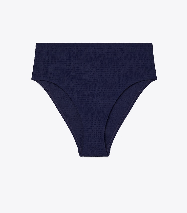 Tory Burch designer two pieces Smocked High-Leg High-Waisted Bikini Bottom in Medium Navy front