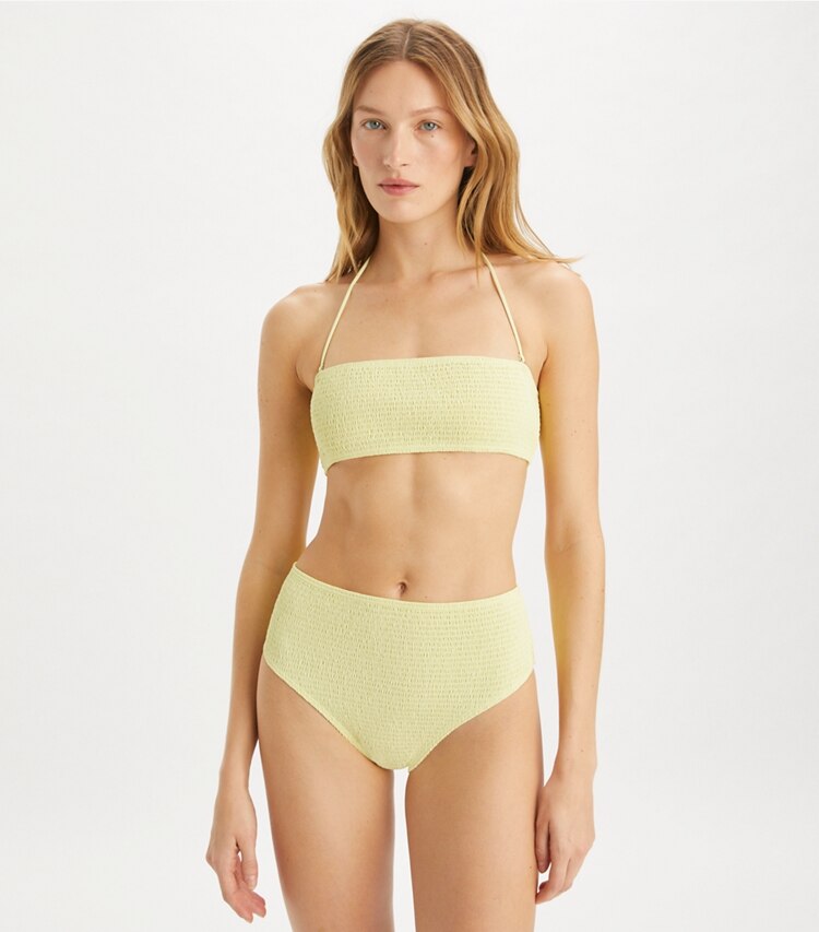 Tory Burch designer two pieces Smocked High-Leg High-Waisted Bikini Bottom in Lumen on model detail