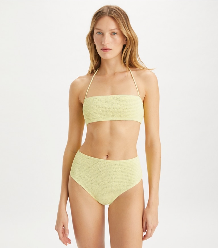 Tory Burch designer two pieces Smocked High-Leg High-Waisted Bikini Bottom in Lumen front