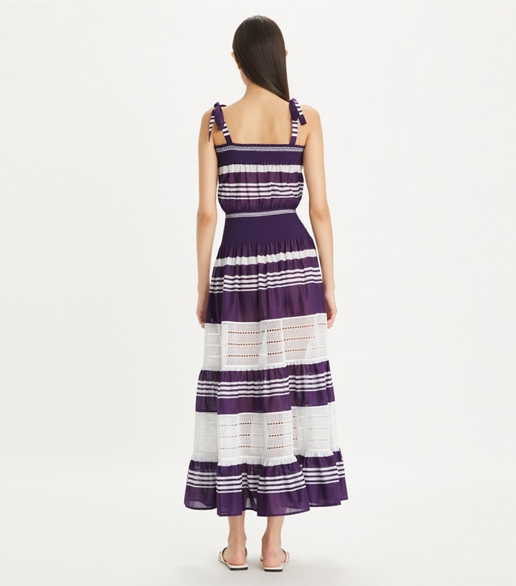 Tory Burch designer dresses Smocked Midi Dress in Deep Purple on model back