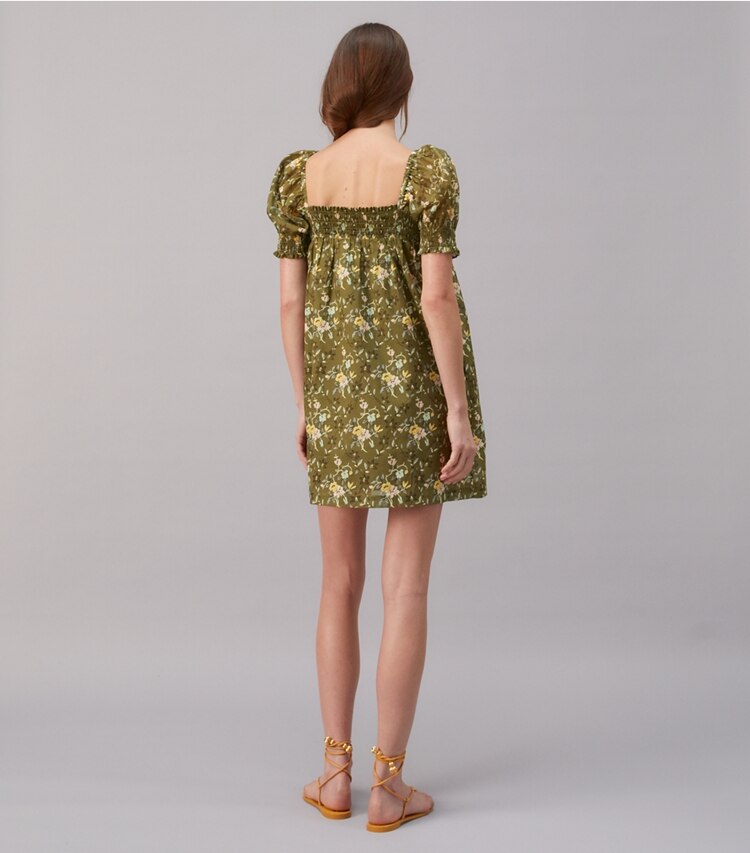 Tory Burch designer coverups Smocked Mini Dress in WALL FLORAL on model back